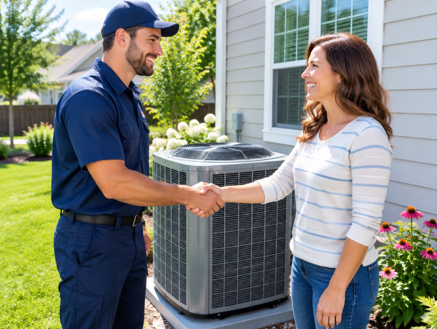An HVAC technician shaking hands with a happy homeowner next to a new AC unit